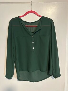 Dark Green Button-Front Semi-Sheer Blouse